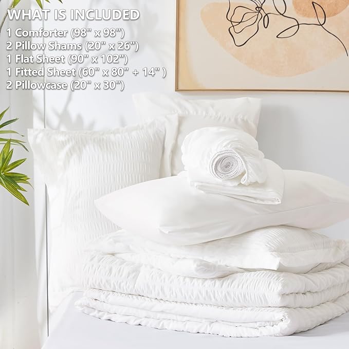 CozyLux Oversized Queen Comforter Set White Seersucker 7 Pieces 98x98 Bed in a Bag Comforter Set with Sheets, Luxury Soft Bedding Sets with Down Alternative Comforter, Sheets, Pillowcases & Shams