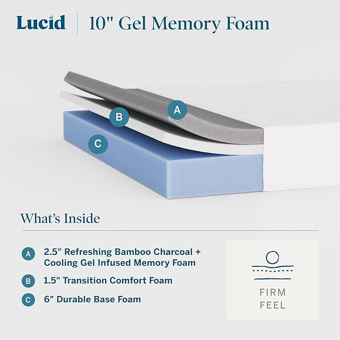 Lucid 10 Inch Memory Foam Mattress - Firm Feel - Infused with Refreshing Bamboo Charcoal and Cooling Gel - Bed in a Box - Temperature Regulating - Pressure Relief - Breathable - Twin Size