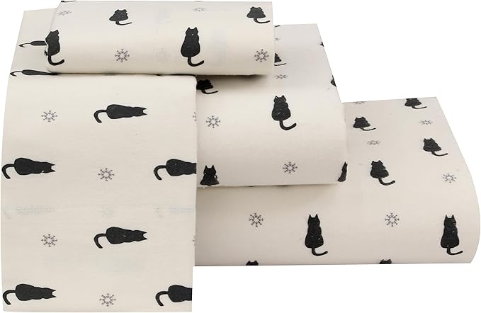 RUVANTI Flannel Sheets King Size - 100% Cotton Brushed King Size Sheets Set - Deep Pockets 16 Inches Bed Sheets - All Seasons Breathable & Extra Soft - Warm & Cozy, 4 Piece, Black Cat