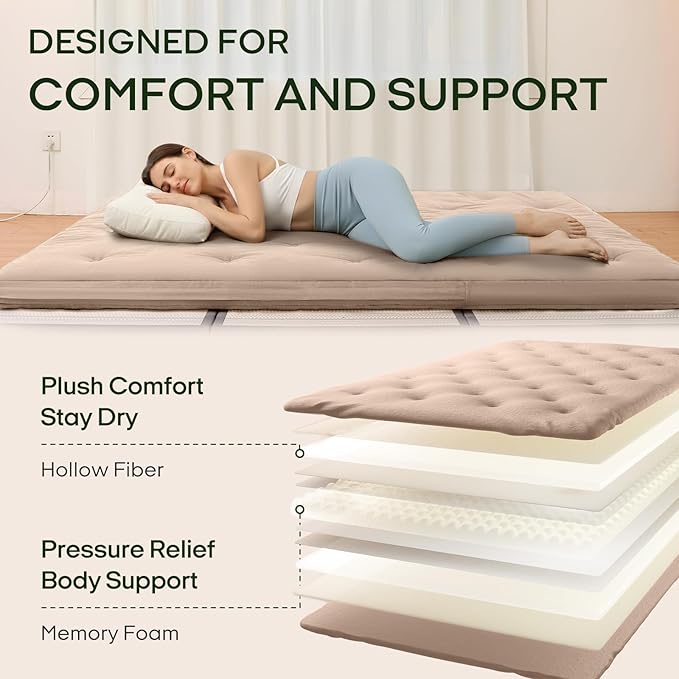 ZonLi Japanese Floor Futon Mattress Queen Size 80"x 60", 100% Cotton Cover 4'' Thicken Tatami Mattress, Foldable Sleeping Pad, Portable Dormitory Tatami Mat(Khaki)