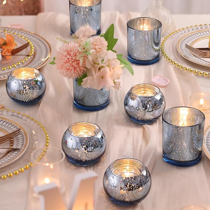 20 Pcs Assorted Blue Votive Candle Holders, Larger Size Mercury Glass Candle Holder Bulk, Glass Tea Light Candle Holders for Wedding Decorations, Blue Centerpieces for Tables, Baby Shower