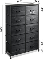 WLIVE Black Tall Dresser for Bedroom with 10 Drawers, Chest of Drawers, Dressers Bedroom Furniture, Storage Organizer Unit with Fabric Bins for Closet, Hallway, Living Room