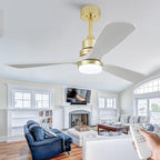 BOJUE 52 Inch Gold Ceiling Fans with Lights and Remote, Dimmable LED Light, Modern Solid Wood Ceiling Fan with Light for Indoor/Outdoor Farmhouse, Bedroom, Patio - Gold Finish and White Blades