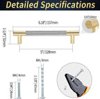 Knurled Cabinet Pulls 2 Pack, 6 Inch Long Cabinet Handles Metal Door Pulls, Kitchen Drawer Pull Knurled Dresser Handles - 5" Hole to Hole, Grey & Gold