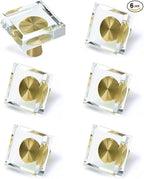 JEREVER 6 Pack Glass Crystal Knobs Brass Drawer Pull Cabinet Handle Gold Furniture Hardware for Dresser Kitchen (Square)