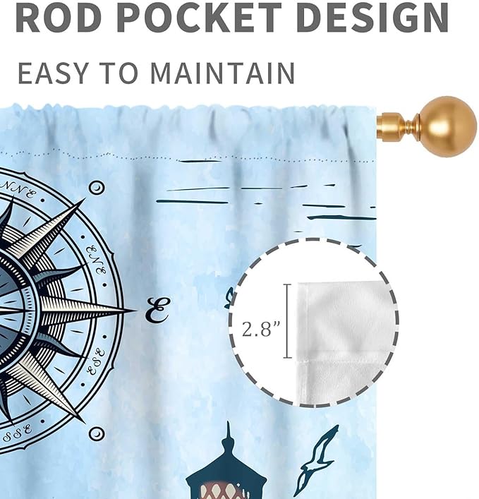 Nautical Curtains, Vintage Marine Coastal Sailboat Compass Anchor Ocean Beach Lighthouse Watercolor Blue Decorative Drapes for Bedroom Living Room Kitchen Bathroom Window 2 Panels Set, 42"x45" Inch