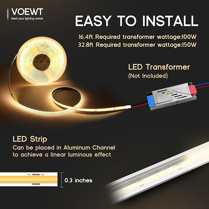 COB LED Strip Lights Warm White 3000K,16.4ft 12V High CRI 95Ra+ Super Bright,Flexible Tape Lights for Bedroom,Mirror,Kitchen Cabinet, Living Room(Power Supply Not Included)