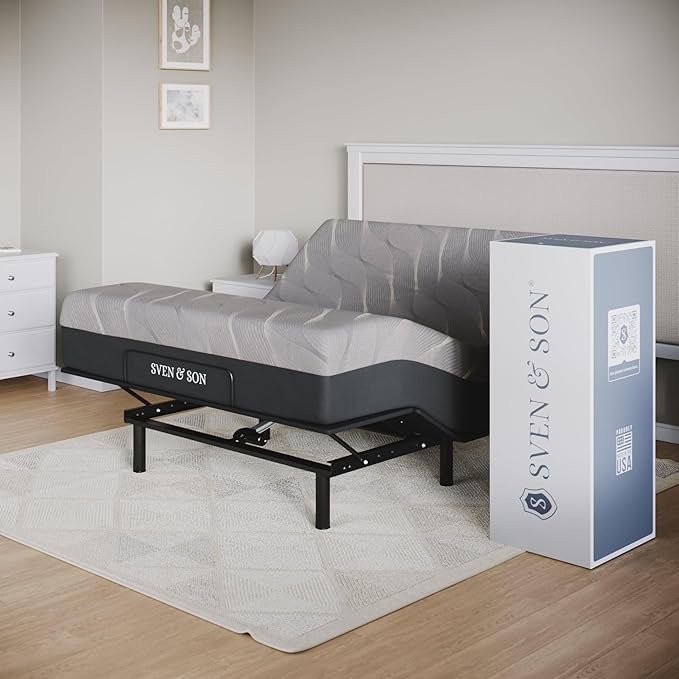 Sven and Son Essential Adjustable Bed Base (Frame) + 14 inch Hybrid Spring Matt (Medium Soft), Easy Assembly, Head and Foot Lift, Memory Positions, Zero Gravity, Wireless Remote - Full