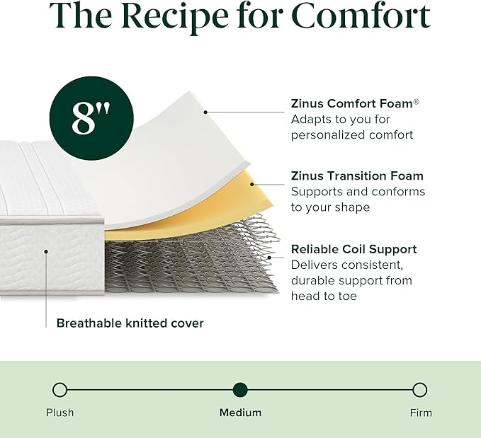 ZINUS 8 Inch Foam and Spring Hybrid Mattress [New Version], Queen, Fiberglass Free, Medium Firmness, Durable Support, Certified Safe Foams & Fabric, Mattress in A Box