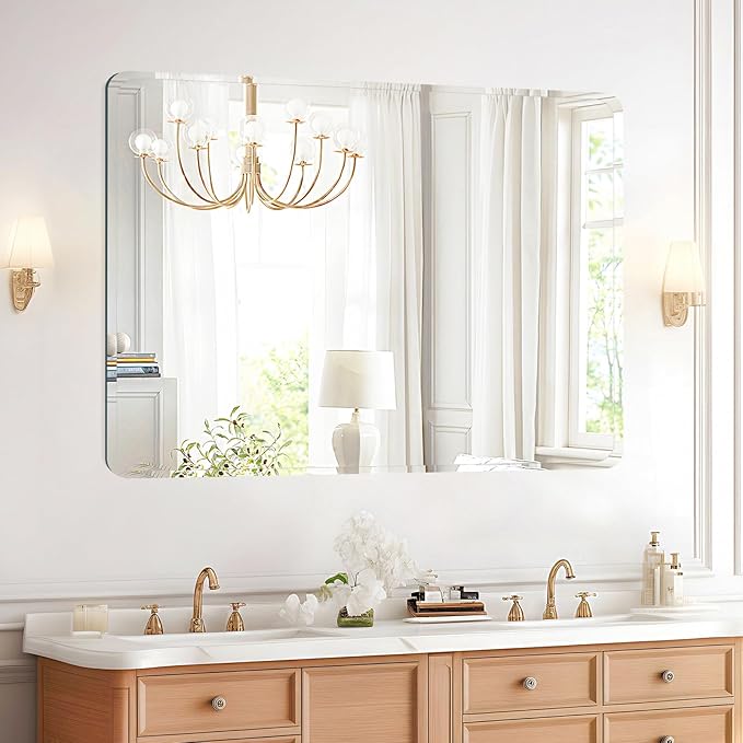 Frameless Bathroom Mirror for Over Sink,Wall Mounted Vanity Mirrors 15x25in,Rounded Rectangle Mirror Frameless with Polished Edge for Bedroom,Living Room,Entryway,Shatterproof (Horizontal/Vertical)