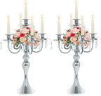 2 Pcs 20.3'' Tall 5 Arm Silver Candelabra Centerpiece for Table, Metal Crdystal Candle Holder, Retro Candlestick Table Centerpieces for Party, Events, Home, Wedding Decor (2, Silver)