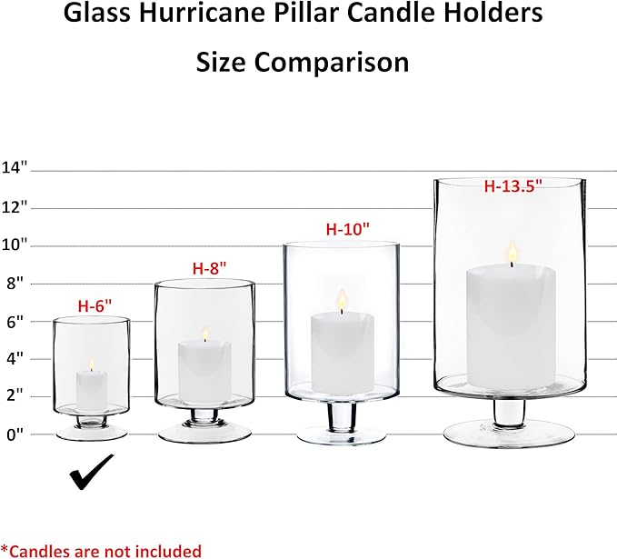 CYS EXCEL Glass Hurricane Pillar Candle Holder (H:6" W:3.75") | Multiple Size Choices Short Stem Candle Centerpieces | Stemmed Glass Cylinder Candle Vase