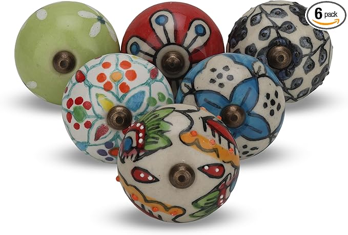 Multicolor Ceramic Knobs for Cupboards and Drawers Assorted Kitchen Cabinet Knob Door Pull Handle for Dresser Wardrobes Boho Home Interior Decor - Pack of 6