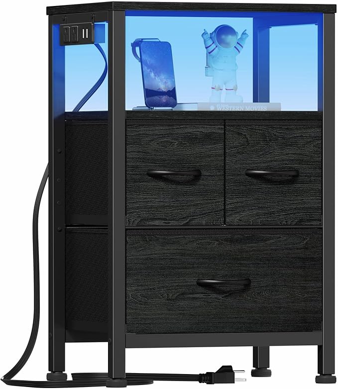 Furnulem Black Nightstand with Wood Shelf, Bed Side Table with Led Light and Charging Station, 25.8 Inch End Table with 3 Fabric Storage Drawers, Small Night Stand for Bedroom Furniture