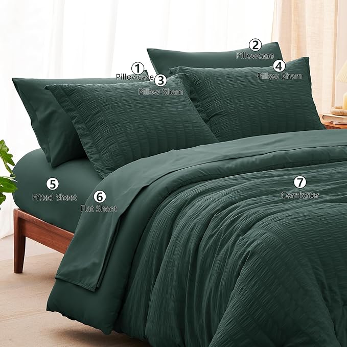 CozyLux Full Size Comforter Sets with Sheets Seersucker 7 Pieces Forest Green Bed in a Bag Textured Luxury Soft Bedding Set with Down Alternative Comforter, Sheets, Pillowcases & Shams for All Seasons
