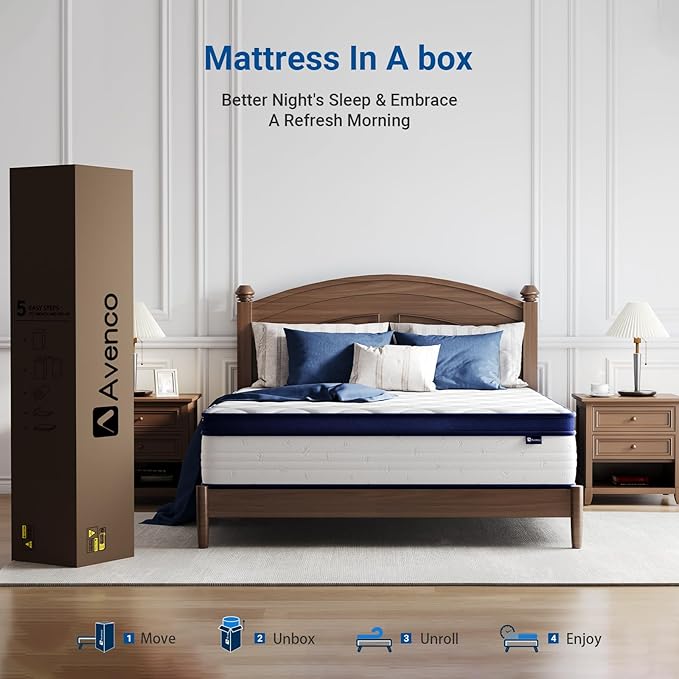 Avenco King Mattress, 10 inch King Size Mattress with Smarts™ Coil Individual Pocket Spring for Silent Sleep and Strong Edge Support, CertiPUR-US Certified, Mattresses in a Box