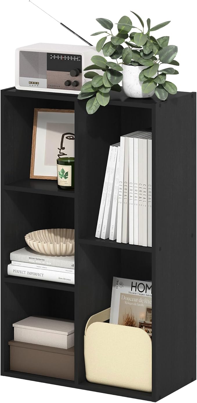 Furinno LUDER Book Shelf, 5-Cube Bookshelf, Reversible Bookcase, 9.4" x 19.5" x 31.5", for Living Room, Bedroom, Home Office, Blackwood