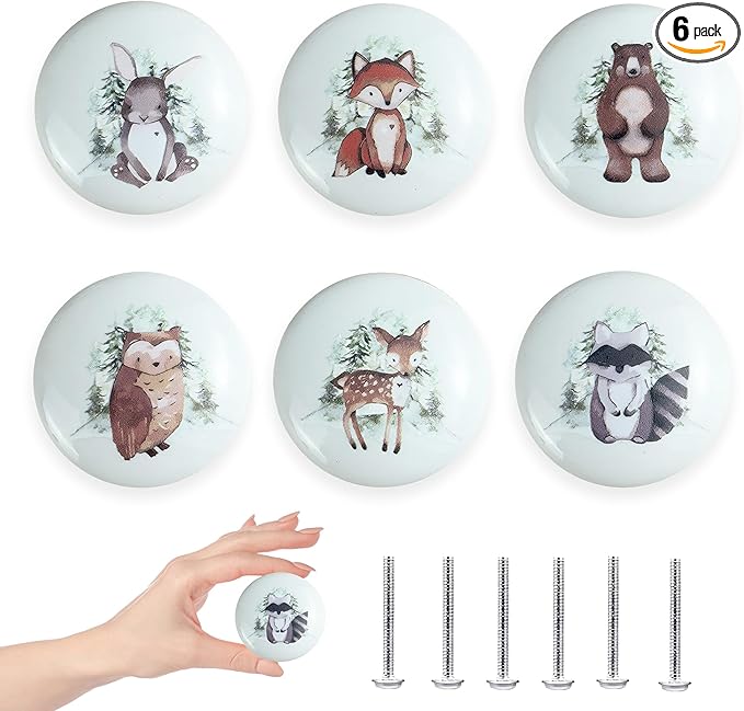 6PCS 1.5" Nursery Safari Animals Ceramics Drawer Handle Pulls Cute Decor Dresser Knobs Children's Cabinet Knob (Bear)