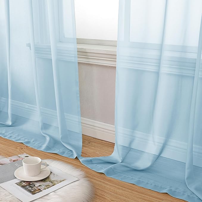 Aiyufeng 2 Pack: Basic Sky Blue Sheer Curtain Drapes 96 Inch Length 2 Panels for Living Room, Light Filtering Voile Drapes for Bedroom, Patio, Sliding Door, Each 42" W x 96" L