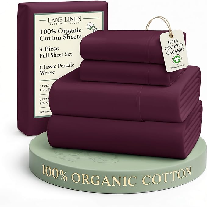 LANE LINEN 100% Organic Cotton Eco Friendly Full Size Bed Sheets, Mercerized Fully Elasticized Cotton Sheets Full, Percale Weave Soft & Comfy Comes in Variety of Colors- Windsor Wine