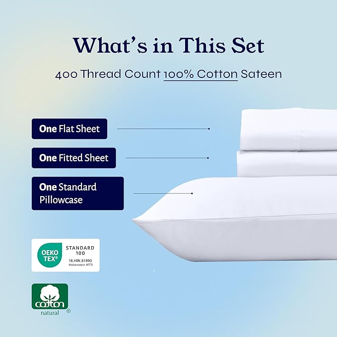 California Design Den Twin XL Sheets Set - Soft 400 Thread Count Sateen, Natural 100% Cotton Sheets, Deep Pockets with All Around Elastic for a Snug Fit, Cool & Durable Bedding Set - White