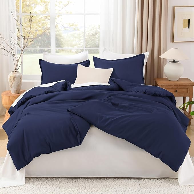 Litanika Comforters Navy Blue Oversized Queen Size, 3 Pieces Lightweight Solid Bedding Set & Collections, All Season Fluffy Bed Set (98x98In Comforter & 2 Pillowcases)