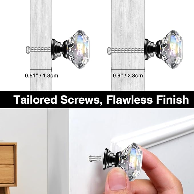 POZEAN Crystal Cabinet Knobs 12Pack, 1.18inch Dresser Knobs for Cabinet, Drawer with Two Different Sizes Screws, Diamond Glass Pulls Handles (30mm, 12Pack, Clear-Black)