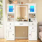 Quimoo Vanity Desk with Lighted Mirror & Power Outlet, 3 Color Modes & Adjustable Brightness, Makeup Vanity Table with 5 Drawers, 2 cabinets, 2 RGB cabinets, for Bedroom, White