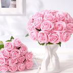 BLEUM CADE 50 Pcs Pink Roses Artificial Flowers, Real Touch Velvet Roses Fake Flowers Bulk, Artificial Roses Bouquet with Long Stems Bridal DIY Wedding Party Centerpiece Decorations