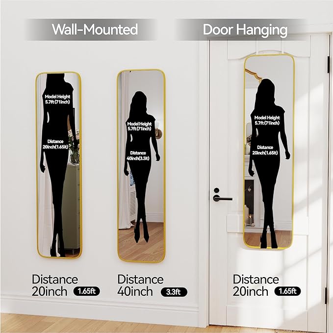 47x14 Mirror Rectangle Full Body Length Door Hanging Wall Mounted Aluminum Alloy Metal Frame Dressing Make-up Mirrors for Entryway Bedroom Bathroom Living Room 47 14 inch Gold