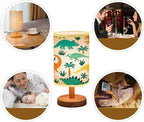 LOPYEIJFG Minimalist Bedside Table Lamp Hand Drawn Seamless with Dinosaurs and Tropical Leaves and Flowers Wood Nightstand Lamp Bedside Desk Lamp Wood Base Flaxen Fabric Shade for Bedroom Living Room