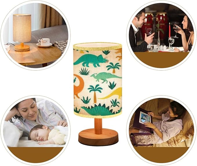 LOPYEIJFG Minimalist Bedside Table Lamp Hand Drawn Seamless with Dinosaurs and Tropical Leaves and Flowers Wood Nightstand Lamp Bedside Desk Lamp Wood Base Flaxen Fabric Shade for Bedroom Living Room