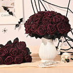 BLEUM CADE 50 Pcs Black Roses Artificial Flowers, Real Touch Velvet Roses Fake Flowers Bulk, Artificial Roses Bouquet with Long Stems for DIY Table Centerpiece Halloween Decorations