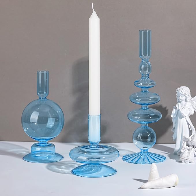 Rtteri 3 Pcs Glass Candlestick Holders Glass Candle Holders Groovy Wavy Elegant Taper Candle Stick for Wedding Home Birthday Party Christmas Halloween Decoration Windowsill Decor(Light Blue)