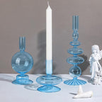 Rtteri 3 Pcs Glass Candlestick Holders Glass Candle Holders Groovy Wavy Elegant Taper Candle Stick for Wedding Home Birthday Party Christmas Halloween Decoration Windowsill Decor(Light Blue)