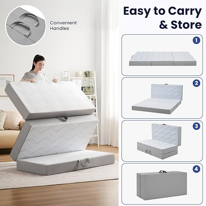 Foldable Mattress Twin 6 inch -Portable White Memory Foam Folding Matress with Washable Cover for Camping Travel Guest Room Home Use-Non-Slip&Easy Storage
