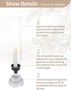NUPTIO Dripless Candlestick Holders with Wax Catchers: Set of 2 Hurricane Glass Candle Holders with Metal Bobeches for Easier Reuse - White Wood Farmhouse Home Decor for Christmas Fireplace