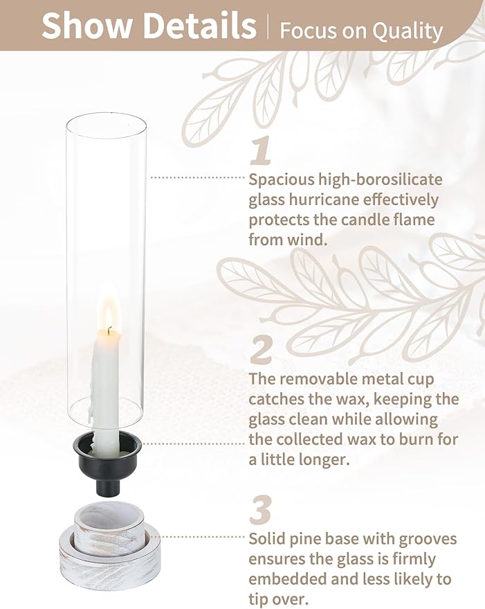 NUPTIO Dripless Candlestick Holders with Wax Catchers: Set of 2 Hurricane Glass Candle Holders with Metal Bobeches for Easier Reuse - White Wood Farmhouse Home Decor for Christmas Fireplace