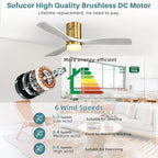 Sofucor 52 Inch Smart Ceiling Fans with Lights-Flush Mount Low Profile Modern Outdoor Solid Wood Ceiling Fans with Alexa/Google Assistant/APP/Remote Control for Bedroom/Farmhouse/Patio, Grey Gold