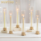 NUPTIO Hurricane Candle Holder for Centerpiece: Set of 10 Metal Taper Candle Holders with Fluted Glass Cylinders - Gold Candlestick Holders Bulk for Outdoor Party Dinner Wedding Table Decoration