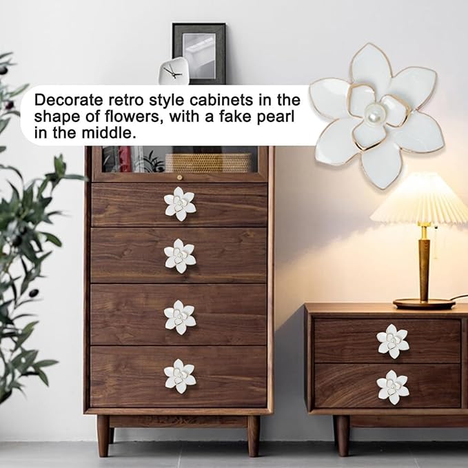 4 Pcs Petal Cabinet Knobs，Zinc Alloy Flower Shape Single Hole Knob with Screws for Dresser Handles Cabinet Wardrobe Door Handle Decorative Furniture (White Flower Pearl)