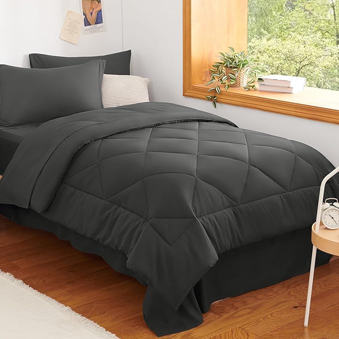 CozyLux Twin XL Comforter Set Dark Grey - 5 Pieces Twin Extra Long Bed in a Bag for College Dorm, All Season Bedding Set for Girls and Boys, Soft Bed Set with Comforter, Sheets, Pillowcase & Sham