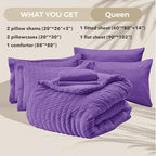 HYMOKEGE Dark Purple Queen Comforter Set Seersucker 7 Pieces, All Season Luxury Bed in a Bag Queen for Bedroom, Bedding Set with Comforter, Sheets, Pillowcases & Shams