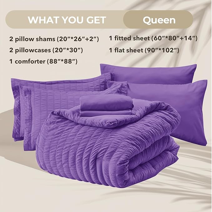 HYMOKEGE Dark Purple Queen Comforter Set Seersucker 7 Pieces, All Season Luxury Bed in a Bag Queen for Bedroom, Bedding Set with Comforter, Sheets, Pillowcases & Shams