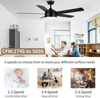 YUHAO 52 Inch Black Ceiling Fan with Light and Remote Control.Noiseless,Dimmable,3CCT,6 Speeds Reversible, DC Ceiling Fans for Indoor or Covered Outdoor