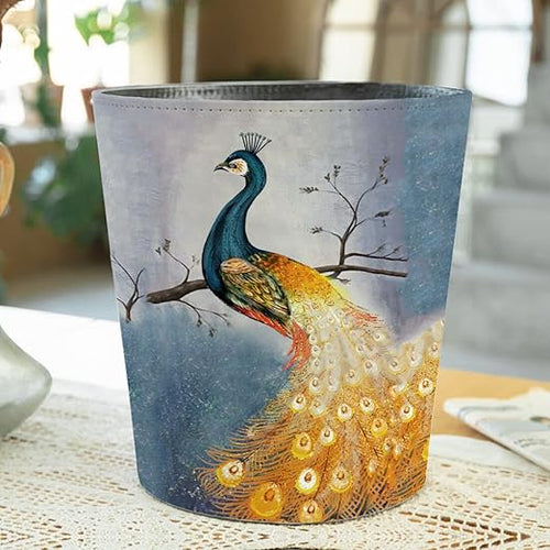 10L/2.64 Gallon Trash Can, Decorative Waste Basket, PU Leather Waste Paper Basket, Waterproof Garbage Can for Bathroom, Bedroom, Office, Kitchen and Living Room - Peacock-6