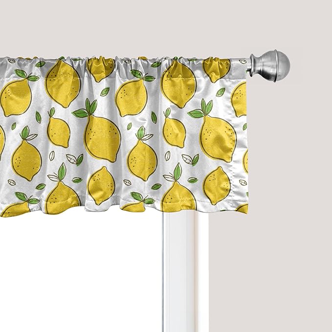 Ambesonne Lemons Window Valance Pack of 2, Continuous Citrus Fruits Leaves Refreshing Cartoon Pattern, Rod Pocket Curtain Valances for Kitchen Bedroom, 42" X 12", Lime Green Earth Yellow