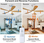 52 Inch Outdoor Ceiling Fans with Lights and Remote Control, Dimmable 5 Blade Wood Outdoor Ceiling Fans for Patios, White Natural Wood Bedroom Ceiling Fan with Lights, Noiseless DC Motor