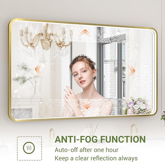 60x36 Inch LED Bathroom Mirror with Lights, Gold Metal Framed LED Mirror for Bathroom, 3 Colors and Stepless Dimmable Wall Mounted Lighted Bathroom Vanity Mirror, Anti-Fog, Memory