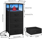 Fixwal Night Stand with Charging Station, Tall Nightstand with U-S-B Ports and Outlets, 4 Fabric Storage Drawers with PU Finish, Small Dresser Bed Side Table, Black